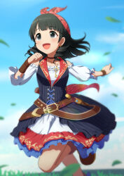 Rule 34 | 1girl, absurdres, black dress, black hair, blunt bangs, blurry, blurry background, blurry foreground, blush, boots, cloud, cloudy sky, dot nose, dress, drill hair, falling leaves, grass, hair over shoulder, hair ribbon, highres, idolmaster, idolmaster cinderella girls, idolmaster cinderella girls starlight stage, jewelry, key, key necklace, knife, layered dress, leaf, long hair, long sleeves, looking at another, necklace, open mouth, piercing, red ribbon, ribbon, running, sky, smile, solo, ujiie mutsumi, user csvs4722, wristband