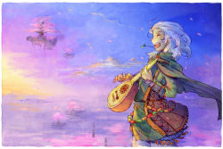 Rule 34 | 1boy, atlus, bard (sekaiju), bracer, cape, cherry blossoms, dragon, eastern dragon, closed eyes, instrument, jewelry, landscape, male focus, motimamire, open mouth, petals, etrian odyssey, sky, smile, solo, tambourine, tree, white hair