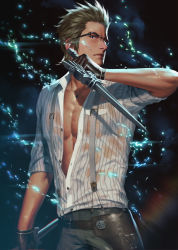 Rule 34 | 10s, 1boy, arm at side, belt, belt buckle, black background, black eyes, black gloves, blonde hair, breast pocket, buckle, buttons, closed mouth, collarbone, cowboy shot, dagger, dress shirt, dual wielding, final fantasy, final fantasy xv, glasses, gloves, grey pants, holding, holding weapon, ignis scientia, jewelry, knife, light particles, long sleeves, looking at viewer, male focus, necklace, over-rim eyewear, pants, partially unbuttoned, pendant, penguin frontier, pocket, red lips, see-through, semi-rimless eyewear, serious, shirt, simple background, sleeves past elbows, sleeves pushed up, solo, spiked hair, standing, striped clothes, striped shirt, suspenders, vertical-striped clothes, vertical-striped shirt, weapon, wet, wet clothes, wet shirt