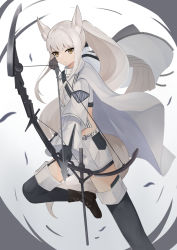 Rule 34 | 1girl, absurdres, animal ears, arknights, arrow (projectile), black gloves, black thighhighs, boots, bow (weapon), clothes writing, cropped jacket, drawing bow, gloves, highres, holding, holding bow (weapon), holding weapon, horse ears, horse girl, horse tail, jacket, knee boots, long sleeves, maeda no kenzi, platinum (arknights), ponytail, shorts, sidelocks, simple background, solo, tail, thighhighs, weapon, white background, white jacket, white shorts, yellow eyes