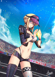 Rule 34 | 1girl, adsouto, alternate costume, artist name, asymmetrical legwear, blonde hair, blue eyes, breasts, commentary, confetti, covered erect nipples, cropped jacket, crowd, dutch angle, en&#039;en no shouboutai, fire, highres, iris (en&#039;en no shouboutai), iris (enen no shouboutai), large breasts, looking at viewer, navel, race queen, racetrack, short shorts, shorts, solo, thighhighs