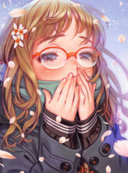 Rule 34 | 1girl, bad id, bad yandere id, blue eyes, blush, brown hair, buttons, cherry blossoms, close-up, coat, covered mouth, covering own mouth, crying, crying with eyes open, falling, fingernails, flower, glasses, green scarf, hair flower, hair ornament, highres, long sleeves, murata range, over-rim eyewear, petals, red-framed eyewear, scarf, semi-rimless eyewear, solo, tears, upper body