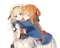 Rule 34 | 1girl, 2girls, apron, blonde hair, blue eyes, blush, braid, braided bangs, breasts, brown hair, cheek-to-cheek, commentary request, dress, g36 (girls&#039; frontline), girls&#039; frontline, gloves, hair between eyes, hair ribbon, hair rings, hand on another&#039;s arm, heads together, hug, imoko (imonatsuki), large breasts, long hair, long sleeves, looking at viewer, maid, maid apron, maid headdress, medium breasts, multiple girls, ponytail, ribbon, shirt, sidelocks, simple background, smile, springfield (girls&#039; frontline), sweatdrop, white background, white gloves