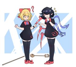 Rule 34 | ?, ^ ^, asymmetrical wings, black dress, black hair, black legwear, blonde hair, blue wings, blush, bow, bow (music), bowtie, buttons, center frills, closed eyes, closed mouth, commentary, cosplay, covering own mouth, dress, english commentary, eosd2002, erhu, footwear bow, frilled dress, frills, full body, giggling, hair bow, hand over own mouth, highres, houjuu nue, houjuu nue (cosplay), laughing, mary janes, pointing, pointy ears, red bow, red bowtie, red footwear, red wings, satsuki rin, shoes, short dress, short hair, short sleeves, smile, standing, thighhighs, tomoe (symbol), touhou, wings, wristband, yellow eyes