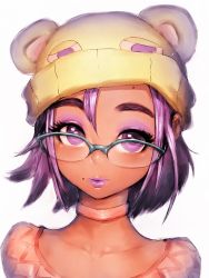 Rule 34 | bear hat, black-framed eyewear, choker, close-up, collarbone, facial mark, forehead mark, fumio (rsqkr), glasses, highres, light smile, lipstick, looking at viewer, makeup, mole, parted lips, purple eyes, purple hair, raised eyebrows, short hair, simple background, solo, thick eyebrows, upper body, white background