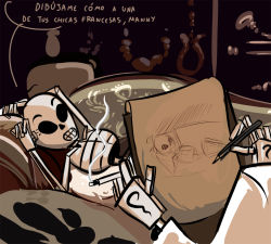 Rule 34 | 1boy, 1girl, calaca, casual nudity, cigarette, couch, dia de muertos, drawing, grim fandango, indoors, manuel calavera, mario grant, modeling, nude, on couch, outstretched arms, parody, reclining, scene reference, skeleton, smoking, spanish text, titanic (movie), translated