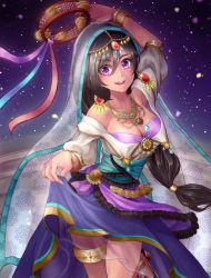 Rule 34 | 1girl, anklet, arm up, bad id, bad pixiv id, bangle, bare shoulders, black hair, blouse, bracelet, breasts, brooch, cleavage, closed eyes, confetti, dancing, dark-skinned female, dark skin, diadem, gem, gypsy, hair between eyes, head chain, high heels, highres, instrument, jewelry, layered clothes, layered skirt, long hair, looking at viewer, low-tied long hair, necklace, no bra, no socks, off shoulder, open mouth, original, pendant, pumps, purple background, purple eyes, purple skirt, ribbon, shingoku no valhalla gate, shio kouji (shiokojii), shirt, skirt, skirt hold, smile, solo, tambourine, thighlet, veil, very long hair