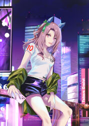Rule 34 | 1girl, absurdres, alternate costume, animal ears, black shorts, bow, brown hair, ear covers, from side, green jacket, hair bow, highres, horse ears, horse girl, horse tail, jacket, king halo (umamusume), long hair, looking at viewer, murazo (0606), off shoulder, red eyes, shirt, short shorts, shorts, sitting, solo, t-shirt, tail, umamusume, white shirt