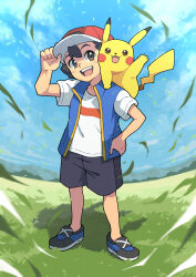 Rule 34 | 1boy, :d, absurdres, ash ketchum, black hair, brown eyes, cloud, commentary request, creatures (company), day, falling leaves, game freak, gen 1 pokemon, grass, hand on headwear, hand on own hip, hand up, hat, highres, leaf, male focus, nakachiruno, nintendo, open mouth, outdoors, pikachu, pokemon, pokemon (anime), pokemon (creature), pokemon journeys, pokemon swsh147, red headwear, shirt, shoes, short hair, short sleeves, shorts, sky, smile, standing, t-shirt, teeth, tongue, upper teeth only, white shirt