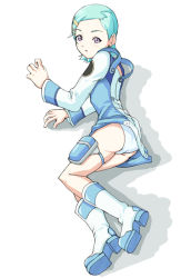 Rule 34 | 00s, 1girl, aqua hair, ass, blue hair, boots, date (senpen), eureka (eureka seven), eureka seven, eureka seven (series), full body, long sleeves, looking at viewer, lying, on side, panties, purple eyes, shadow, short hair, simple background, solo, thigh strap, underwear, white background, white footwear, white panties