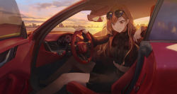 Rule 34 | 1girl, arisugawa natsuha, asymmetrical bangs, bare legs, black shirt, black skirt, blouse, blurry, bow, bowtie, car, car interior, crop top, depth of field, ear piercing, eyewear on head, grin, highres, holding, idolmaster, idolmaster shiny colors, jacket, lace, lace-trimmed shirt, lace trim, looking at viewer, midriff, modare, motor vehicle, multicolored clothes, multicolored jacket, nail polish, orange hair, outdoors, piercing, porsche, porsche 911, porsche 991, porsche 992, see-through, see-through shirt, shirt, sitting, skirt, smile, solo, sports car, steering wheel, sunglasses, sunset, two-tone jacket