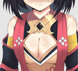 Rule 34 | 1girl, black hair, blush, breasts, cleavage, cleavage cutout, clothing cutout, commentary request, detached sleeves, focused, kitasan black (umamusume), long sleeves, looking at viewer, medium breasts, short hair, simple background, solo, uesugi shingo (gurasan buutsu), umamusume, white background