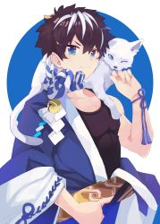 Rule 34 | 1boy, animal, animal on shoulder, bell, black hair, black tank top, blue eyes, blue kimono, cat, charlemagne (fate), closed mouth, fate/extella, fate/extella link, fate/extra, fate/grand order, fate (series), highres, japanese clothes, jingle bell, kamigokuin, kimono, male focus, multicolored hair, pectorals, short hair, smile, tank top, two-tone hair, white cat, white hair, wide sleeves