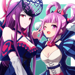 Rule 34 | 2girls, bare shoulders, blue dress, breasts, cleavage, commentary request, corset, dress, facial mark, fascinator, fire emblem, fire emblem engage, flower, halterneck, heart, heart facial mark, highres, hortensia (fire emblem), ivy (fire emblem), juliet sleeves, large breasts, long hair, long sleeves, minamonochaba, mole, mole under mouth, multiple girls, nintendo, one eye closed, pink eyes, pink hair, puffy sleeves, purple hair, red eyes, rose, siblings, sisters, small breasts, upper body, v