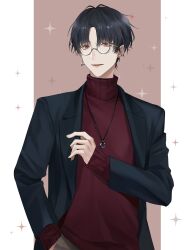 Rule 34 | 1boy, bespectacled, black hair, black jacket, border, brown background, earrings, glasses, hand in pocket, highres, jacket, jewelry, lapels, long sleeves, looking at viewer, male focus, mismatched earrings, natsuki (naki zemisei), nijisanji, notched lapels, open clothes, open jacket, outside border, parted bangs, parted lips, pendant, pillarboxed, red eyes, red sweater, round eyewear, short hair, smile, solo, stud earrings, sweater, triangle earrings, turtleneck, turtleneck sweater, upper body, virtual youtuber, white border, yumeoi kakeru
