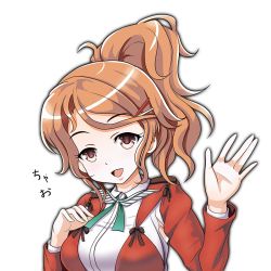 Rule 34 | 10s, 1girl, :d, aquila (kancolle), brown eyes, brown hair, commentary request, hair ornament, hairclip, kantai collection, long hair, looking at viewer, open mouth, ponytail, simple background, smile, solo, tk8d32, translated, waving, white background