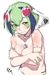 Rule 34 | 10s, 1girl, android, belly, blush, bob cut, body blush, breasts, cleavage, covering privates, covering breasts, dimension w, embarrassed, green eyes, green hair, looking at viewer, matching hair/eyes, medium breasts, nana g, navel, nude, robot ears, short hair, simple background, sketch, solo, stomach, sweatdrop, topless, upper body, white background, yurizaki mira