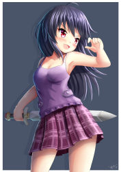 Rule 34 | 1girl, :d, absurdres, ahoge, armpits, bare arms, bare shoulders, black hair, blush, breasts, camisole, commentary, commission, drop shadow, english commentary, grey background, highres, holding, holding sword, holding weapon, long hair, looking away, looking to the side, open mouth, original, plaid, plaid skirt, pleated skirt, prophosphere, purple camisole, purple skirt, red eyes, signature, skirt, small breasts, smile, solo, sword, two-tone background, v-shaped eyebrows, very long hair, weapon, white background