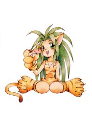 Rule 34 | 1girl, animal ears, animal hands, animal print, cat ears, cham cham, fang, gloves, green eyes, green hair, long hair, matching hair/eyes, official art, open mouth, paw gloves, paw shoes, samurai spirits, shoes, solo, tail, tiger print, white background