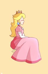 Rule 34 | 1girl, artist name, blonde hair, blue gemstone, blush, breasts, brooch, closed mouth, crown, dress, earrings, elbow gloves, eyelashes, from side, full body, gem, gloves, highres, jewelry, long dress, long hair, mario (series), nintendo, nose, orange background, peach-odyssey, pink dress, princess, princess peach, puffy short sleeves, puffy sleeves, short sleeves, simple background, sitting, small breasts, smile, solo, super mario bros. 1, thick lips, white gloves