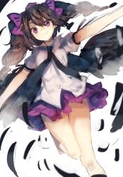 Rule 34 | 1girl, bad id, bad pixiv id, black feathers, black necktie, black wings, bow, brown hair, feathers, hair between eyes, hair bow, highres, himekaidou hatate, necktie, outstretched arms, puffy short sleeves, puffy sleeves, purple bow, purple eyes, purple skirt, shirt, short sleeves, skirt, smile, solo, spread arms, suminagashi, touhou, twintails, white background, white shirt, wings