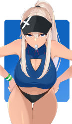 Rule 34 | 1girl, absurdres, alternate costume, bikini, blonde hair, breasts, cleavage, cleavage cutout, clothing cutout, cowboy shot, graf zeppelin (kancolle), grey eyes, highres, kantai collection, large breasts, maruyaa (malya1006), mismatched bikini, mouth hold, ponytail, sidelocks, solo, sports bikini, swimsuit, thigh gap, triangle cutout, visor cap, whistle, wristband