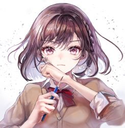 Rule 34 | 1girl, absurdres, bow, bowtie, braid, brown cardigan, brown hair, cardigan, closed mouth, collared shirt, commentary request, dirty, dirty face, hands up, highres, holding, holding pencil, kamiyama high school uniform (project sekai), looking at viewer, pencil, pink eyes, pipi, project sekai, red bow, red bowtie, school uniform, shinonome ena, shirt, short hair, side braid, simple background, sleeves rolled up, solo, upper body, white background, white shirt