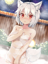 Rule 34 | 1girl, :o, animal ears, bare shoulders, blush, breasts, collarbone, inubashiri momiji, looking at viewer, medium breasts, moon, naked towel, night, night sky, onsen, outdoors, red eyes, rururiaru, short hair, sky, solo, tail, touhou, towel, white hair, wolf ears, wolf tail
