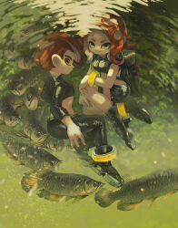 Rule 34 | 1boy, 1girl, backpack, bag, boots, brown eyes, closed mouth, crop top, green eyes, high heel boots, high heels, highres, jacket, leather, leather boots, leather jacket, leather pants, long sleeves, midriff, minato (minat0), nintendo, octoling, octoling boy, octoling girl, octoling player character, pants, red eyes, salmon, shirt, sleeveless, sleeveless shirt, splatoon (series), splatoon 2, tentacle hair, thick eyebrows, thigh strap, yellow bracelet
