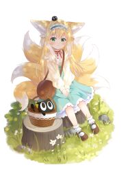 Rule 34 | 1girl, animal ear fluff, animal ears, ankle socks, aqua hairband, aqua skirt, arknights, bag, basket, black cat, blonde hair, blush, bobby socks, brown bag, brown footwear, cardigan, cat, chabashira ribbon, closed mouth, commentary, crossover, english commentary, fox ears, fox girl, fox tail, frilled hairband, frills, full body, green eyes, hair ornament, hair scrunchie, hairband, heixiu, high-waist skirt, highres, in basket, kitsune, kyuubi, long hair, long sleeves, looking at viewer, luo xiaohei, luo xiaohei zhanji, mary janes, mixed-language commentary, multicolored hair, multiple tails, neck ribbon, official alternate costume, on head, open cardigan, open clothes, paid reward available, puffy long sleeves, puffy sleeves, red ribbon, ribbon, round bag, scrunchie, shirt, shoes, shoulder bag, simple background, sitting, sitting on tree stump, skirt, sleeve cuffs, socks, solo, suzuran (arknights), suzuran (spring praise) (arknights), tail, transparent background, tree stump, two-tone hair, white hair, white shirt, white socks, yellow cardigan