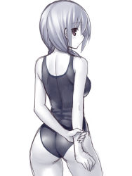 Rule 34 | 1girl, ass, blush, holding own wrist, looking back, monochrome, one-piece swimsuit, original, school swimsuit, simple background, solo, swimsuit, tsukumiya amane, white background