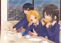 Rule 34 | 3girls, :d, ^ ^, absurdres, black hair, blazer, blonde hair, blue jacket, brown eyes, cellphone, chestnut mouth, city, closed eyes, coffee, coffee cup, counter, cup, dessert, disposable cup, eating, food, hair between eyes, hair ornament, hairclip, happy, haru to neru (act partner), highres, holding, holding food, indoors, jacket, long hair, long sleeves, looking at another, multiple girls, necktie, notebook, open mouth, original, pancake, parted bangs, phone, plate, pudding, red necktie, sandwich, saucer, short hair, short twintails, side-by-side, sidelocks, smartphone, smile, spoon, twintails, wallet, window, wing collar