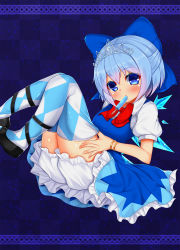 Rule 34 | 1girl, adjusting clothes, adjusting legwear, argyle, argyle clothes, argyle legwear, black footwear, bloomers, blue background, blue bow, blue dress, blue eyes, blue hair, blue thighhighs, blush, bow, bowtie, bracelet, checkered background, cirno, colored eyelashes, daichi (tokoya), dress, food, from side, hair bow, highres, ice, ice wings, jewelry, looking at viewer, matching hair/eyes, mouth hold, popsicle, puffy short sleeves, puffy sleeves, red bow, red bowtie, shoes, short hair, short sleeves, solo, sparkle background, thighhighs, tiara, tokoya, touhou, underwear, white bloomers, wings