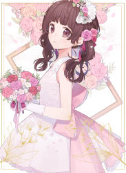 Rule 34 | 1girl, bad id, bad pixiv id, bare shoulders, blunt bangs, blush, bouquet, bow, brown eyes, brown hair, chiri (ch!), closed mouth, cowboy shot, dress, earrings, floral print, flower, from side, gloves, hair flower, hair ornament, holding, holding bouquet, jewelry, long hair, looking at viewer, looking to the side, original, petals, picture frame, pink bow, pink flower, pink rose, print dress, red flower, red rose, rose, rose petals, sleeveless, sleeveless dress, solo, twintails, white dress, white flower, white gloves