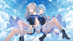 Rule 34 | 2girls, ahoge, alternate costume, animal ears, bare shoulders, black legwear, blue nails, boots, breasts, cross-laced clothes, cross-laced footwear, cross-laced top, elf, fingernails, heart, heart ahoge, high heel boots, high heels, highres, holding hands, hololive, interlocked fingers, lace-up boots, lion ears, lion girl, lion tail, long fingernails, medium breasts, multiple girls, nail polish, official art, pointy ears, second-party source, shishiro botan, sideless outfit, silver hair, single thighhigh, song name, tail, thighhighs, tokki, virtual youtuber, white legwear, yukihana lamy