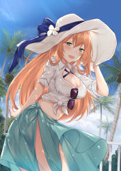 Rule 34 | 1girl, beach, blue sky, blush, breasts, brown hair, cleavage, cloud, cloudy sky, coconut tree, coffeedog, collared shirt, day, eyewear hang, unworn eyewear, girls&#039; frontline, green eyes, half-closed eyes, hat, large breasts, leaning forward, light rays, long hair, official alternate costume, open mouth, outdoors, palm tree, railing, sarong, shirt, sky, sleeves rolled up, smile, solo, springfield (girls&#039; frontline), springfield (stirring mermaid) (girls&#039; frontline), sun hat, sunbeam, sunglasses around neck, sunlight, tied shirt, tree, white shirt