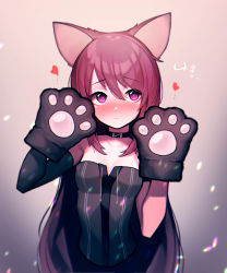 Rule 34 | 1girl, absurdres, animal ears, animal hands, arknights, beudelb, blush, cat ears, cat paws, choker, cropped torso, elbow gloves, eyes visible through hair, gloves, gradient background, highres, korean text, long hair, melantha (arknights), paw gloves, purple eyes, purple hair, single elbow glove, solo