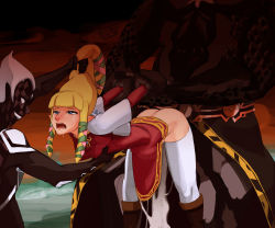 Rule 34 | 1girl, 2boys, alternate legwear, bent over, black skin, blonde hair, breasts, clothed sex, colored skin, demise (zelda), ghirahim, grabbing, grabbing another&#039;s breast, grabbing another&#039;s hair, hair ribbon, holding another&#039;s wrist, long hair, multiple boys, nintendo, no panties, pointy ears, polyle, princess zelda, rape, ribbon, sex, sex from behind, sidelocks, size difference, small breasts, solo focus, stomach bulge, tears, the legend of zelda, the legend of zelda: skyward sword, thighhighs, white thighhighs