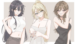 3girls black_choker black_dress black_hair blonde_hair blush border breasts brown_hair choker cleavage collarbone commentary_request cropped_shirt double-parted_bangs dress fingernails grey_background grey_dress hair_between_eyes hair_flaps head_tilt highres large_breasts long_hair looking_at_viewer medium_breasts multiple_girls nail_polish navel original outside_border own_hands_together paddy_field ponytail shirt simple_background sleeveless sleeveless_dress sleeveless_shirt smile stomach upper_body very_long_hair white_border white_shirt