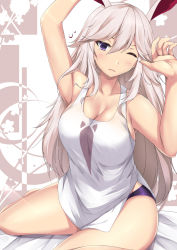 Rule 34 | 1girl, alternate hair color, animal ears, armpits, arms up, bare arms, bare legs, bare shoulders, bed sheet, breasts, cleavage, collarbone, commentary, english commentary, floral background, fox ears, grey hair, hair between eyes, highres, honkai (series), honkai impact 3rd, large breasts, light rays, long hair, looking at viewer, one eye closed, panties, parted lips, purple eyes, purple panties, rabbit ears, sheita, shirt, sidelocks, sitting, solo, stretching, tank top, tears, underwear, waking up, wariza, white background, white shirt, yae sakura