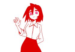 Rule 34 | 1girl, arms behind back, collared shirt, split mouth, hair between eyes, hand up, hcnone, long sleeves, looking at viewer, monochrome, original, pencil skirt, raised eyebrows, red theme, shirt, shirt tucked in, short hair, simple background, skirt, sleeves rolled up, solo, spot color, white background
