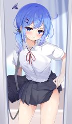 Rule 34 | 1girl, absurdres, bag, black skirt, blue eyes, blue hair, blurry, blurry background, blush, closed mouth, clothes lift, cropped legs, hair ornament, hair over shoulder, hairclip, highres, indoors, long hair, looking at viewer, mirror, nagomi yayado, original, pleated skirt, school bag, school uniform, shirt, short sleeves, skirt, skirt lift, solo, squiggle, sweat, thighs, white shirt