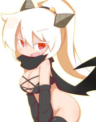 Rule 34 | 1girl, ashi karekusa, black thighhighs, bottomless, breasts, cleavage, detached sleeves, fang, female focus, horns, large breasts, long hair, open mouth, original, ponytail, red eyes, scarf, smile, solo, thighhighs, white background, white hair