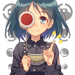 Rule 34 | 10s, 1girl, black dress, black eyes, black hair, closed mouth, collared dress, commentary, dress, emblem, girls und panzer, holding, inatomi hibiki, japanese tankery league (emblem), judge, long sleeves, looking at viewer, medallion, pairan, pointing, pointing up, portrait, short hair, sign, smile, solo, uniform, wing collar