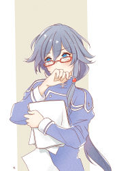 Rule 34 | 1girl, absurdres, beige background, black hair, blue eyes, blue shirt, blush, chinese clothes, fu hua, fu hua (valkyrie accipiter), glasses, hair between eyes, highres, holding, holding paper, honkai (series), honkai impact 3rd, long hair, long sleeves, mon momu, paper, ponytail, shirt, solo, white background