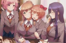 Rule 34 | 4girls, :d, ^ ^, bow, breasts, brown hair, closed eyes, collared shirt, doki doki literature club, grin, hair bow, hair ornament, hair ribbon, hairclip, highres, holding, holding pen, hug, large breasts, long hair, long sleeves, monika (doki doki literature club), multiple girls, natsuki (doki doki literature club), neck ribbon, one eye closed, open mouth, pen, pink hair, pleated skirt, ponytail, red bow, ribbon, ryuu., sayori (doki doki literature club), shirt, short hair, skirt, smile, table, upper body, x hair ornament, yuri (doki doki literature club)