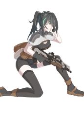 Rule 34 | 1girl, absurdres, apex legends, assault rifle, black bra, black footwear, black gloves, black hair, black shorts, black thighhighs, boots, bra, chest harness, chinese commentary, gloves, green eyes, gun, harness, headset, highres, looking down, on one knee, personification, ponytail, qiu ri, rifle, shorts, shrug (clothing), solo, thighhighs, trigger discipline, underwear, vk-47 flatline, weapon, white background