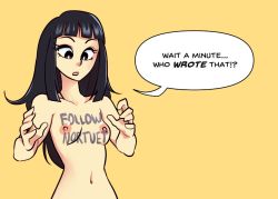 Rule 34 | 1girl, black eyes, black hair, breasts, chi-chi (dragon ball), dragon ball, english text, female focus, long hair, nipples, nortuet, nude, open mouth, simple background, small breasts, solo