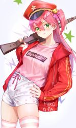Rule 34 | 1girl, absurdres, alternate costume, blush, character name, cherry blossoms, closed mouth, fang, grand theft auto, green eyes, gun, hair between eyes, hair ornament, hairclip, hat, heart, heart print, highres, holding, holding gun, holding weapon, hololive, lims (neko2lims), long hair, looking at viewer, nail polish, over shoulder, pink nails, pink shirt, sakura miko, shirt, shorts, skin fang, solo, star (symbol), striped clothes, striped thighhighs, thighhighs, virtual youtuber, weapon, weapon over shoulder, white shorts, x hair ornament