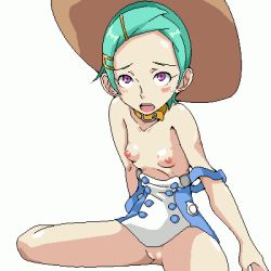 Rule 34 | 1girl, blush, breasts, cl-55, clothes lift, collar, eureka (eureka seven), eureka seven, eureka seven (series), female focus, green hair, hair ornament, hairclip, hat, ishichou (idogaya), lowres, nude, open clothes, open shirt, purple eyes, shirt, short hair, simple background, skirt, skirt lift, solo